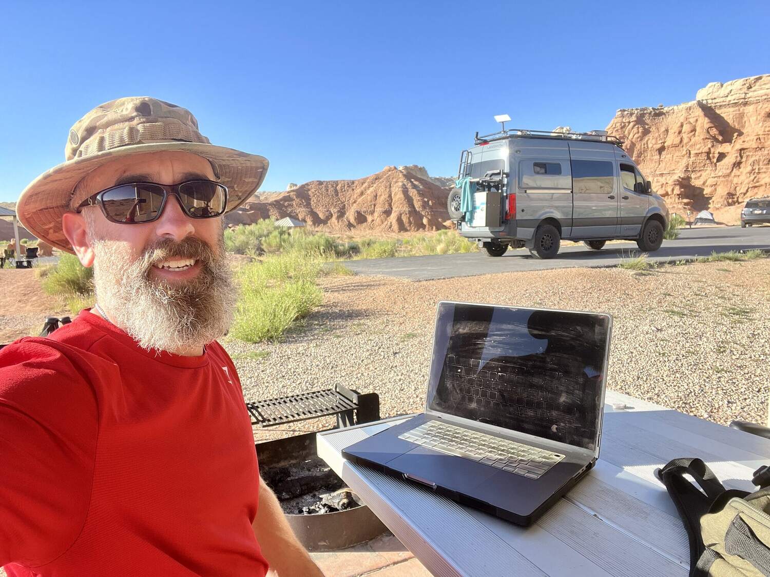 Remote work in a Utah canyon with Starlink overhead