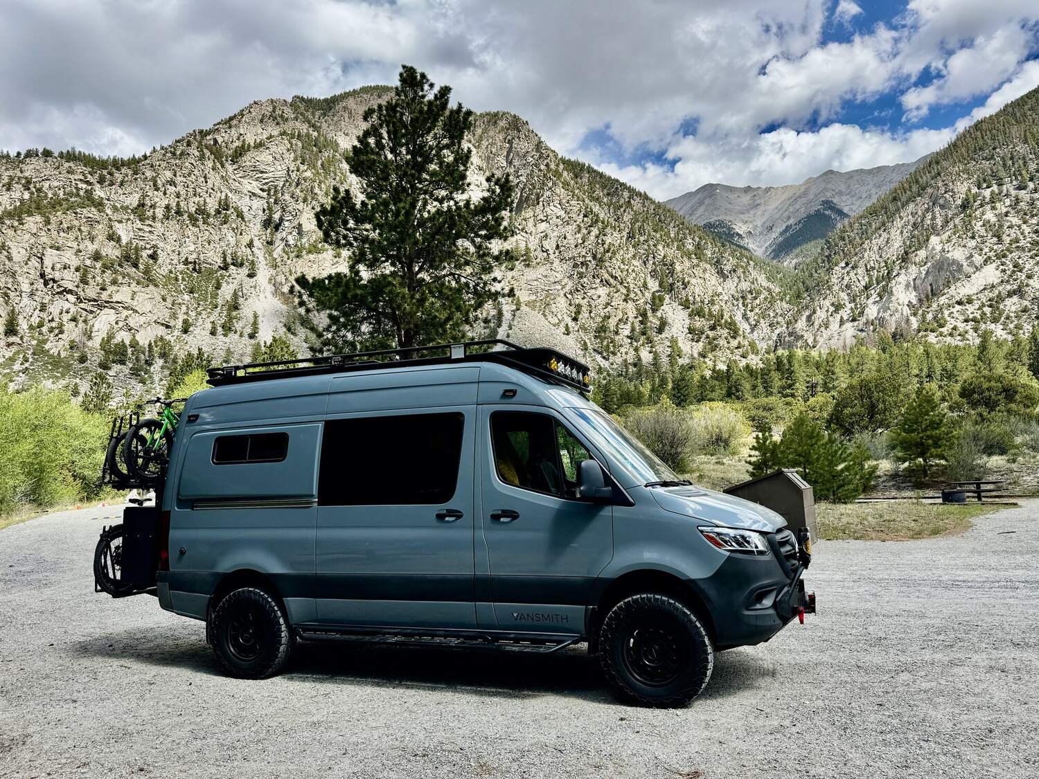 Sprinter parked in a Colorado mountain range with bikes on the rear rack