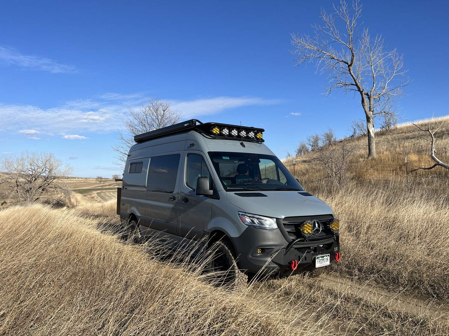 Sprinter on a plains two-track, front quarter view