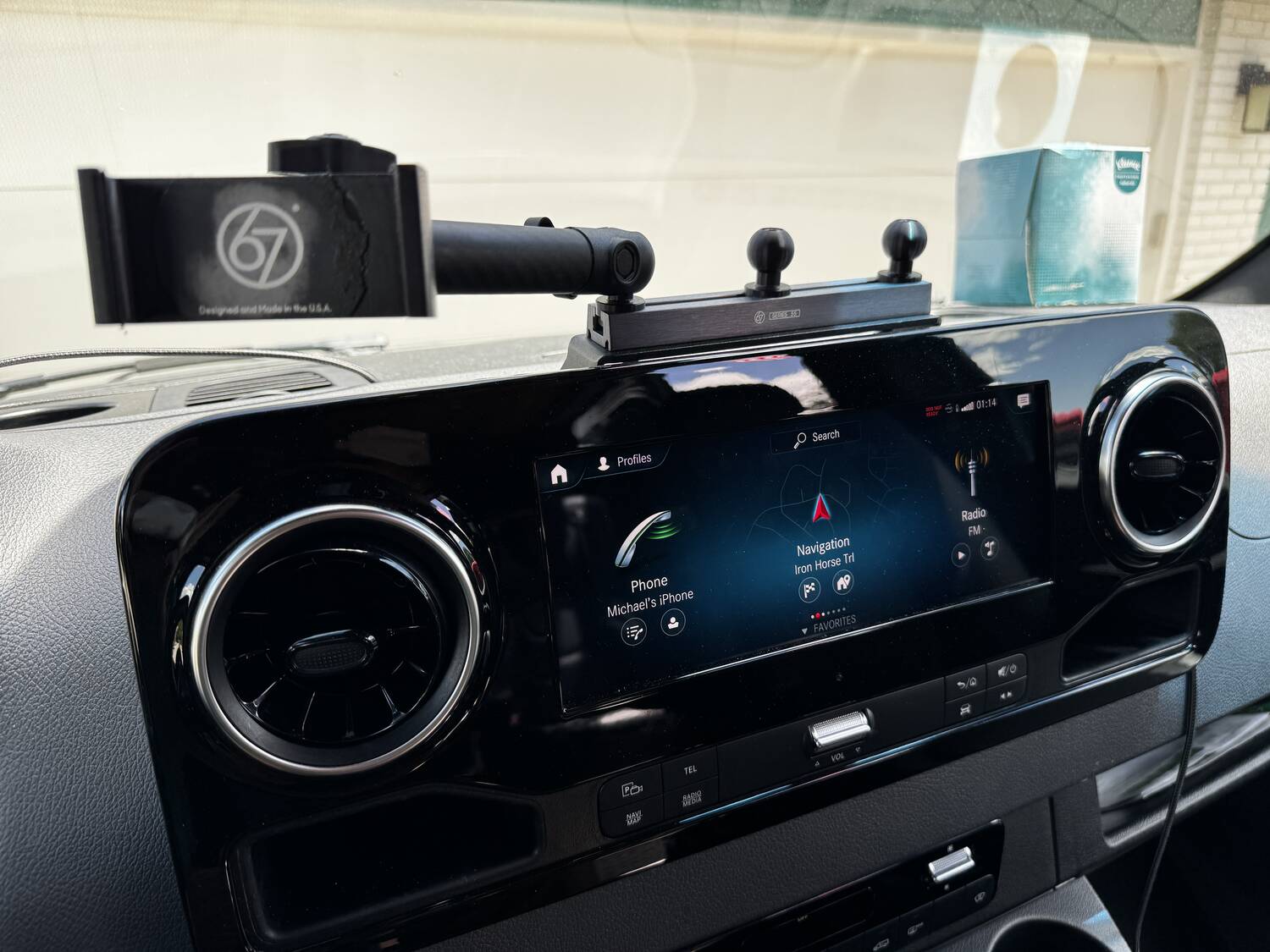 67 Designs Series 55 dash mount with phone holder above the MBUX screen