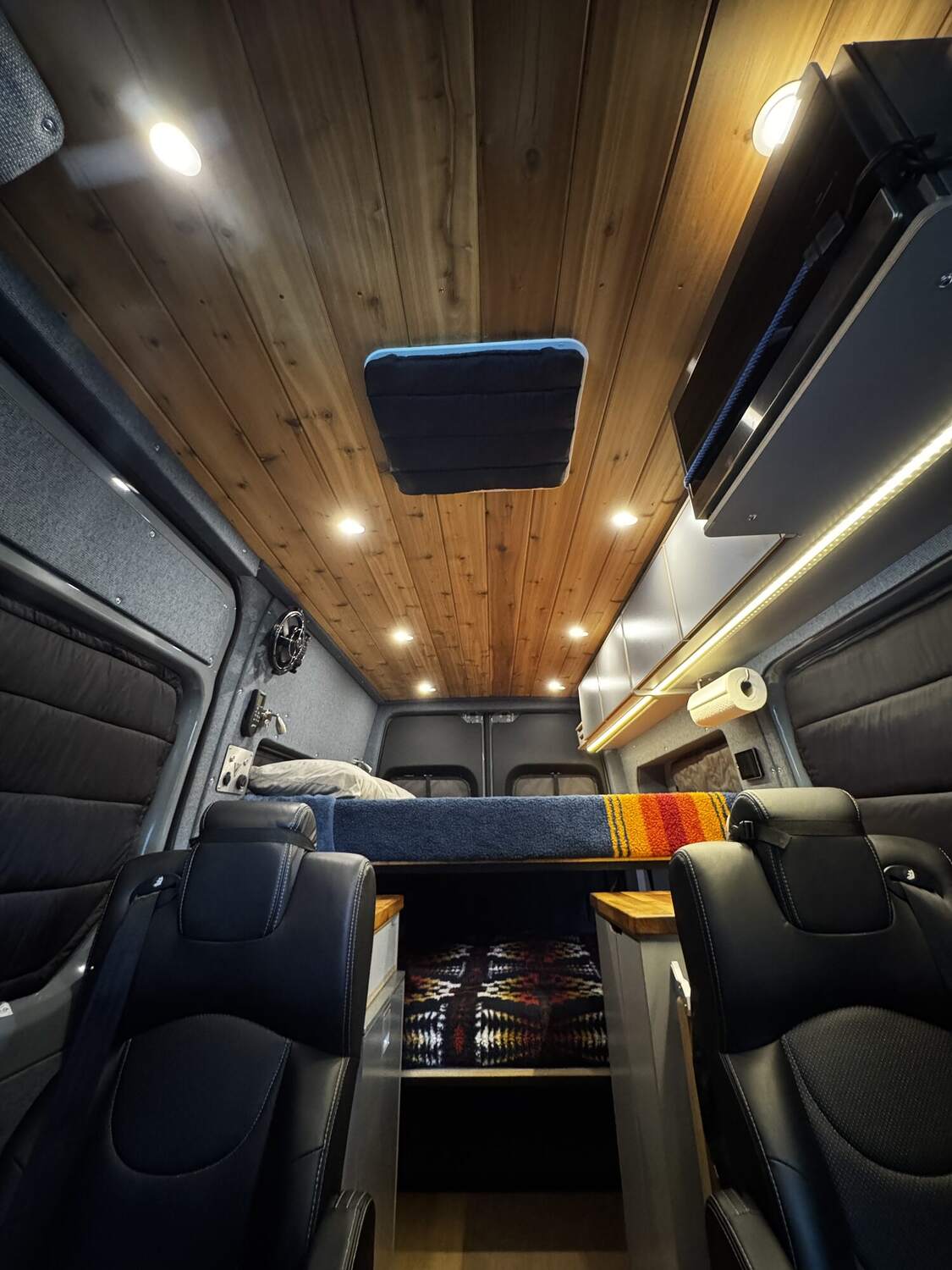 Cedar ceiling with warm LED lighting
